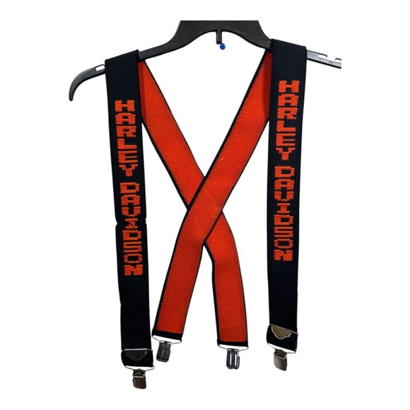 Vintage Harley Davidson Suspenders Orange Black Spellout Logo 90s Cross Back - Picture 1 of 4